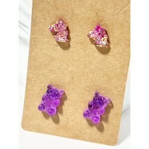Gummy Bear & Unicorn Head Plastic & Metal Alloy Stud Earrings Set Novelty Purple